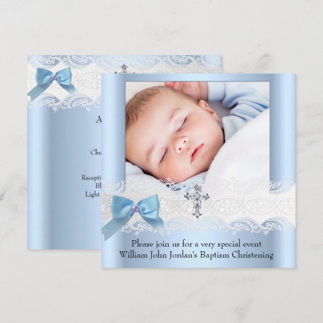 Invitación Baptism Boy Photo Blue Lace White JewCross 3 (Anverso / Reverso)
