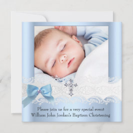 Invitación Baptism Boy Photo Blue Lace White JewCross 3