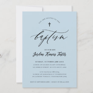 Invitación BAPTISM caligrafía mínima elegancia bebé azul páli