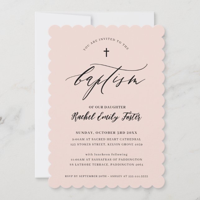 Invitación BAPTISM caligrafía mínima elegante rosa (Anverso)