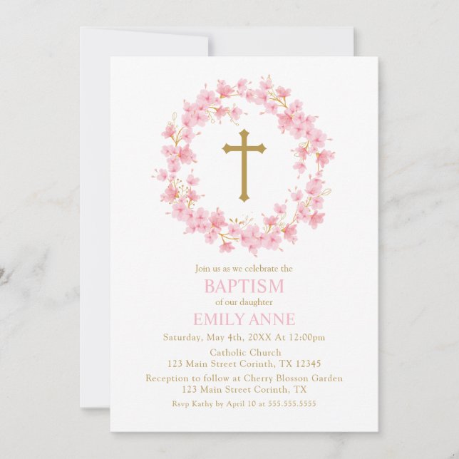 Invitación Baptism Cherry Blossom floral I (Anverso)