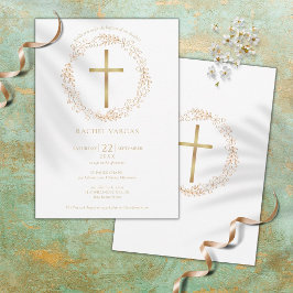 Invitación Baptism Christening Gold Cross Floral