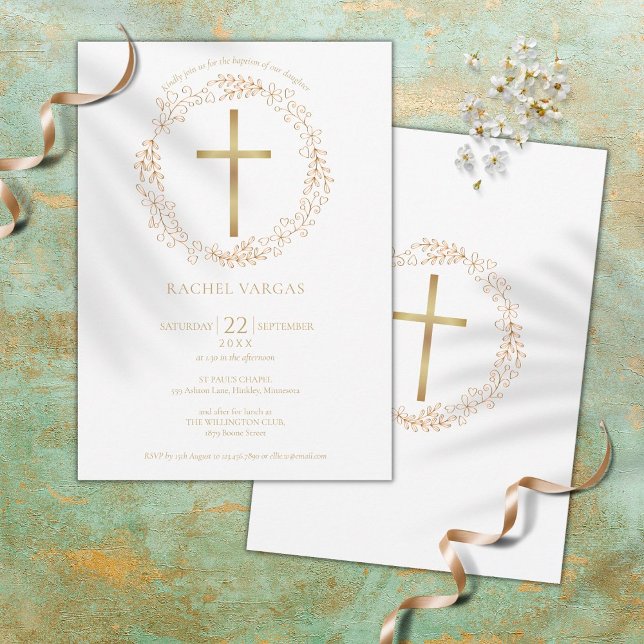 Invitación Baptism Christening Gold Cross Floral (Subido por el creador)