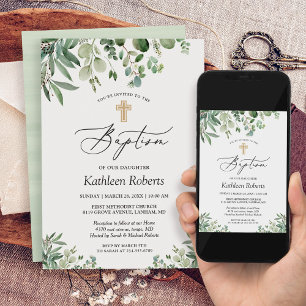 Invitación Baptism Christening   Greenery Eucalyptus Leaves