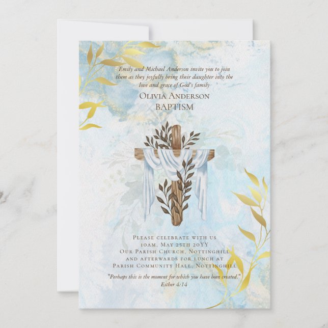 Invitación BAPTISM clásico elegante invita a Aqua Blue Gold (Anverso)