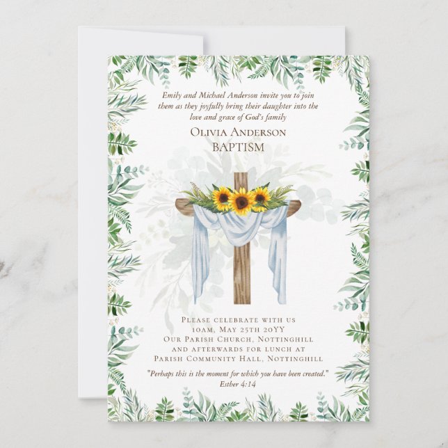 Invitación BAPTISM clásico elegante invita a los girasoles ve (Anverso)