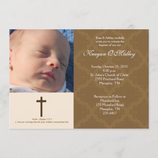 Invitación Baptism Dedication Tan/Cream 5x7 Damask Photo