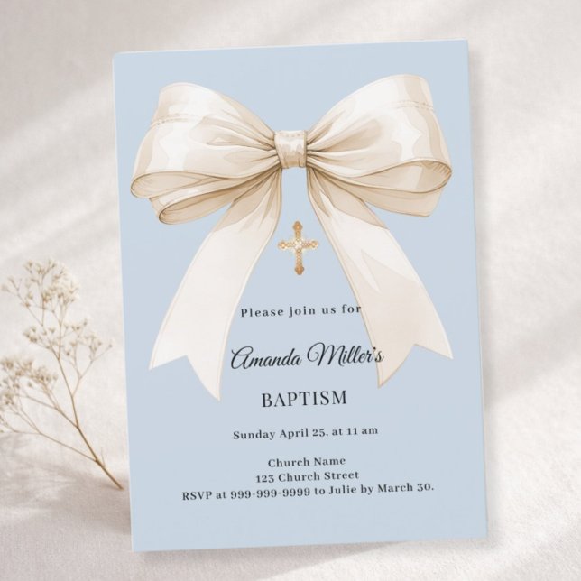 Invitación Baptism dusty blue beige bow boy (Subido por el creador)