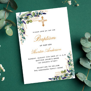 Invitación Baptism eucalipto verde niño azul