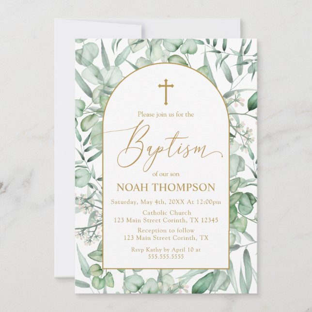 Invitación Baptism Eucalyptus leaves Invitation (Anverso)