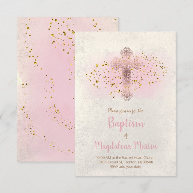 Invitación Baptism FAUX purpurina y acuarela rosa (Anverso / Reverso)