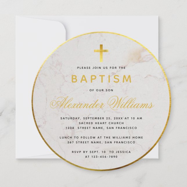 Invitación Baptism Faux Relieve metalizado dorado Marble Call (Anverso)