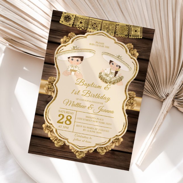 Invitación Baptism Fiesta Twin Boy & Chica Wood Primer cumple (Subido por el creador)