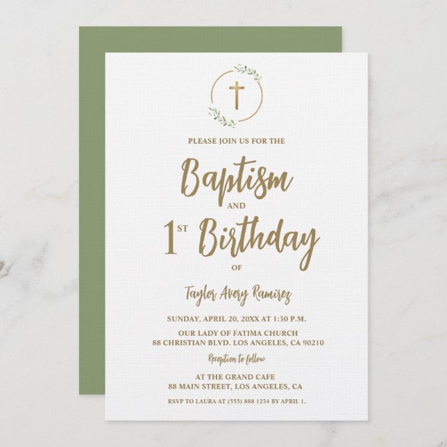 Invitación Baptism First Birthday Greenery wreath Gold cross (Anverso / Reverso)