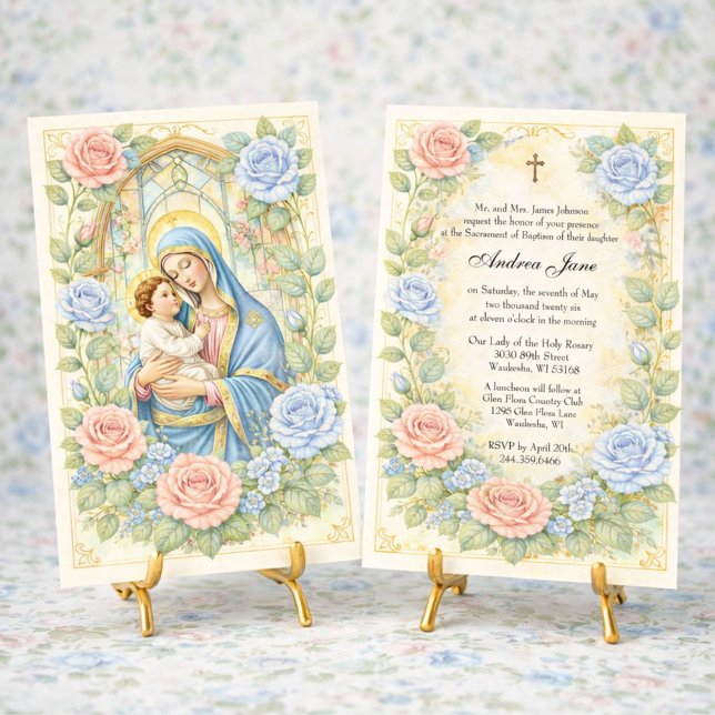 Invitación Baptism Floral Jesus Blessed Mother Roses (Subido por el creador)