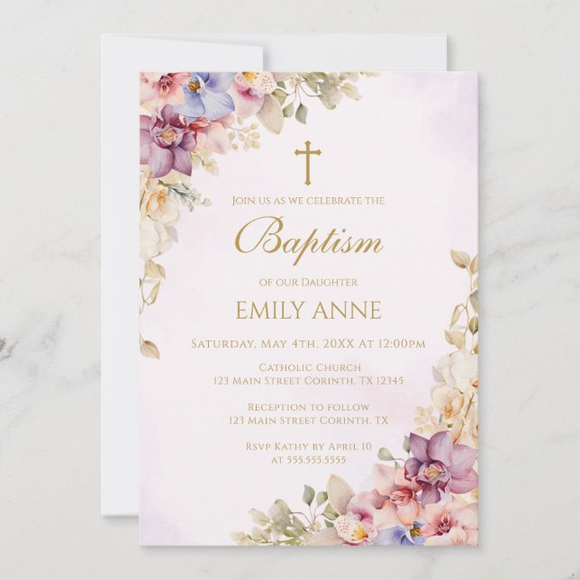 Invitación Baptism Floral Orchids Invitation (Anverso)