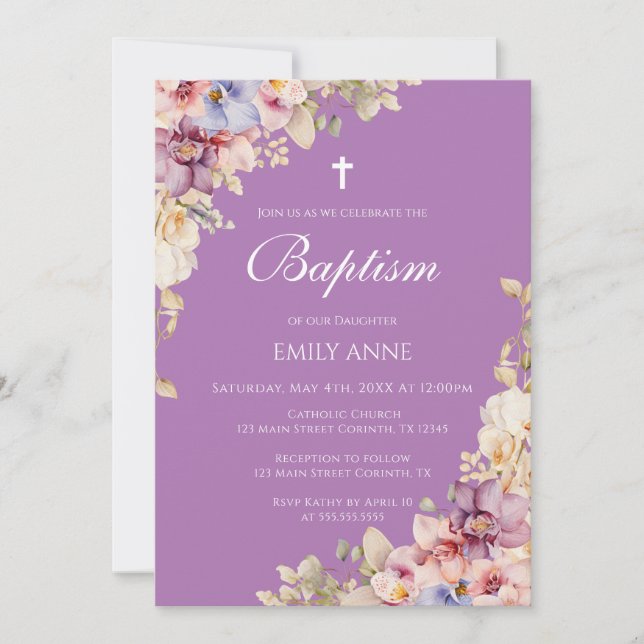 Invitación Baptism Floral Orchids purple Invitation (Anverso)