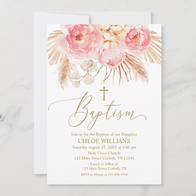 Invitación Baptism Floral pink Boho Pampas Girl In (Anverso)