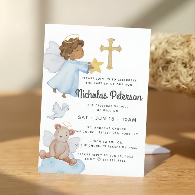 Invitación Baptism For Him Watercolor Angels and Cross (Subido por el creador)