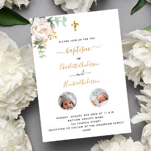Invitación Baptism gemelos blanco floral foto lujo