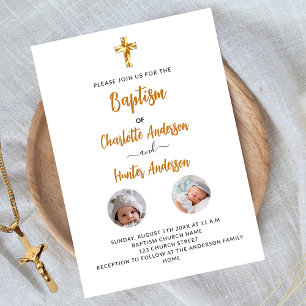 Invitación Baptism gemelos foto blanco género neutro lujo