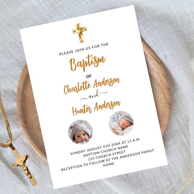 Invitación Baptism gemelos foto blanco género neutro lujo (Subido por el creador)