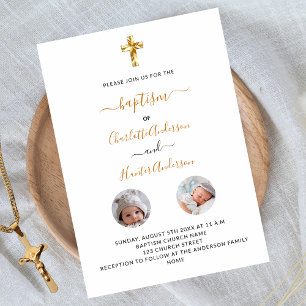Invitación Baptism gemelos foto blanco género neutro lujo