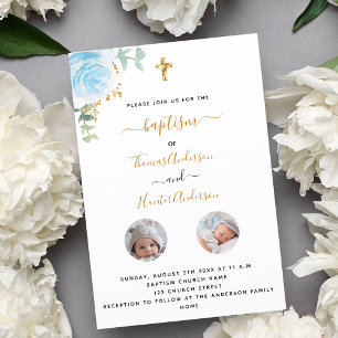 Invitación Baptism gemelos varones blanco floral foto lujo