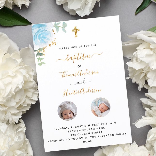 Invitación Baptism gemelos varones foto floral blanca (Subido por el creador)