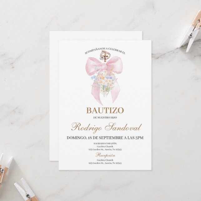 Invitación Baptism girl pink bow (Anverso/Reverso In Situ)