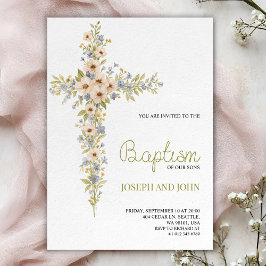 Invitación Baptism invitation card featuring a floral cross 