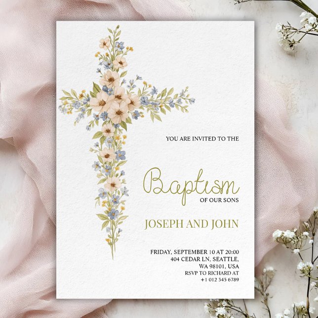 Invitación Baptism invitation card featuring a floral cross  (Subido por el creador)