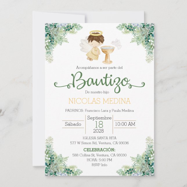 Invitación Baptism Invitation Spanish boy greenery  (Anverso)