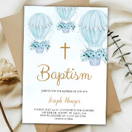 Invitación Baptism invitation with blue hot air balloon 