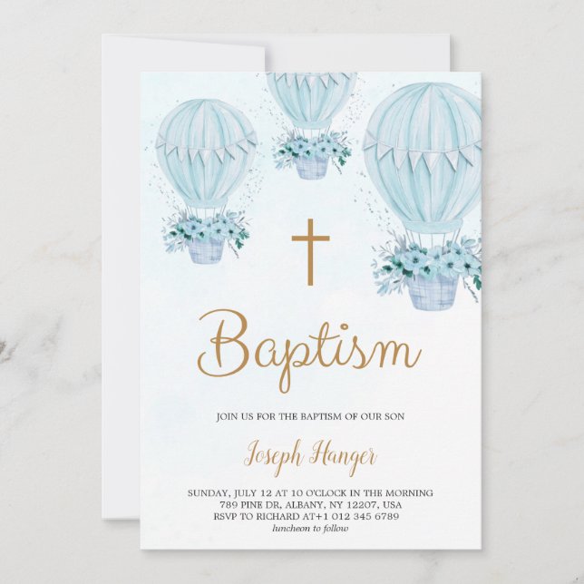 Invitación Baptism invitation with blue hot air balloon  (Anverso)