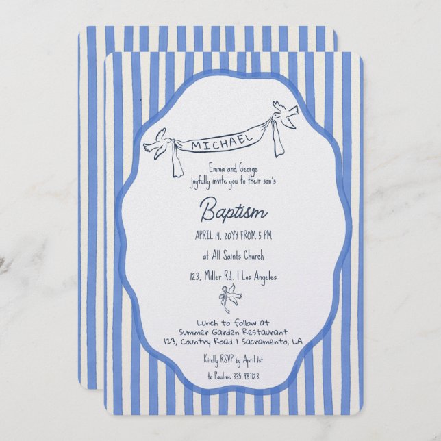 Invitación Baptism invitation with doves blue pinstripes (Anverso / Reverso)