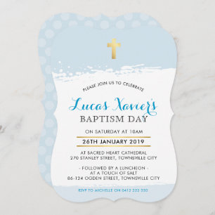 Invitación BAPTISM INVITE mono brocha cruz moderno trazo azul