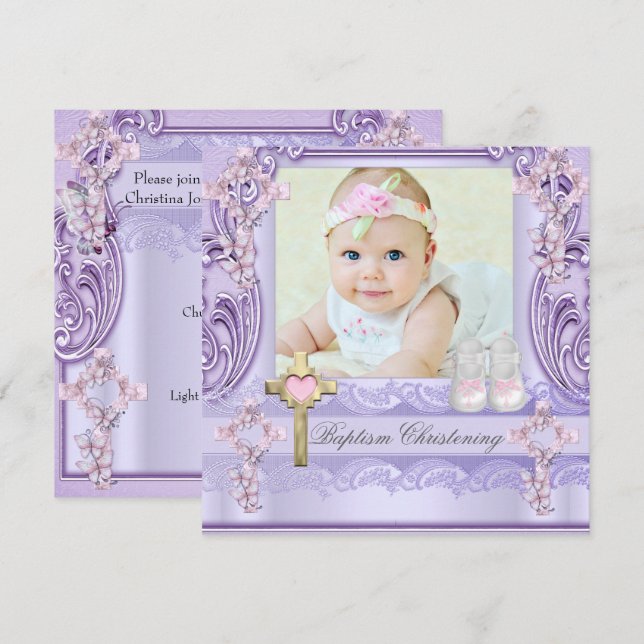 Invitación Baptism Lavender Chica cruzado rosado Foto cristia (Anverso / Reverso)