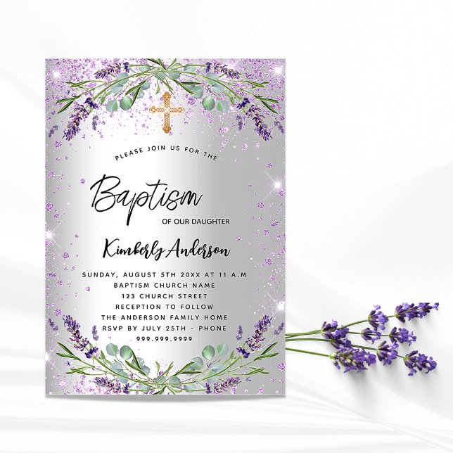 Invitación Baptism lavender plata violeta chispas elegantes (Subido por el creador)