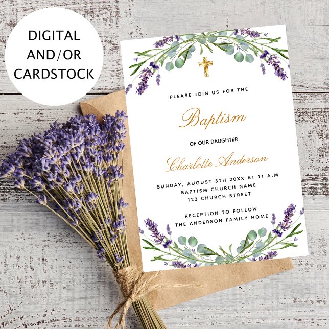Invitación Baptism lavender violeta eucalipto vegetación (Subido por el creador)