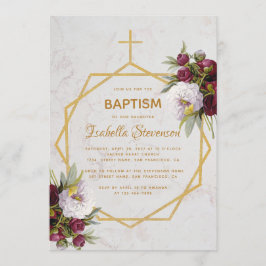 Invitación Baptism Marble Gold Peonys Butterfly Geométrico