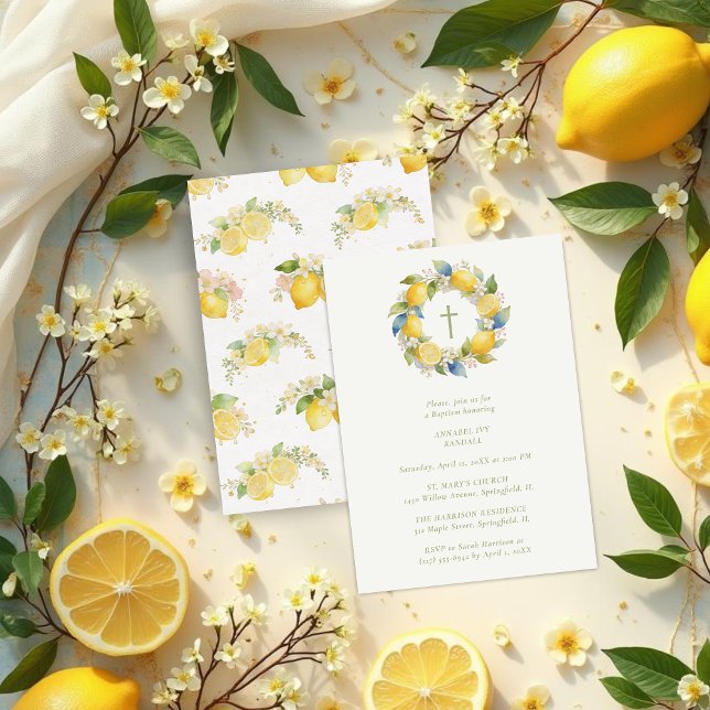 Invitación Baptism Mediterranean Wreath with Floral and Lemon (Baptism Mediterranean Wreath with Floral and Lemons Invitation Card Design. )