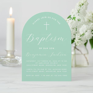Invitación Baptism Mint Arch Moderno Handwriting y Cross Gree