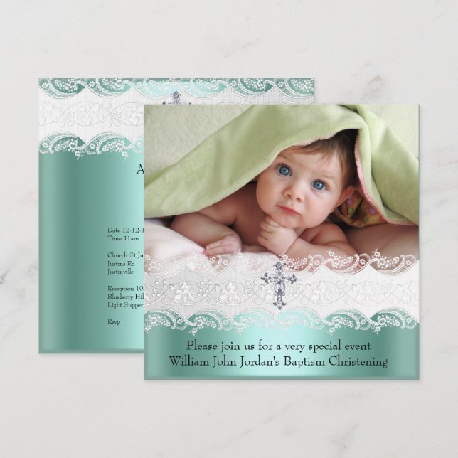 Invitación Baptism Mint Green Lace Photo Jewy Cross Boy (Anverso / Reverso)
