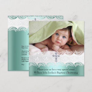 Invitación Baptism Mint Green Lace Photo Jewy Cross Boy