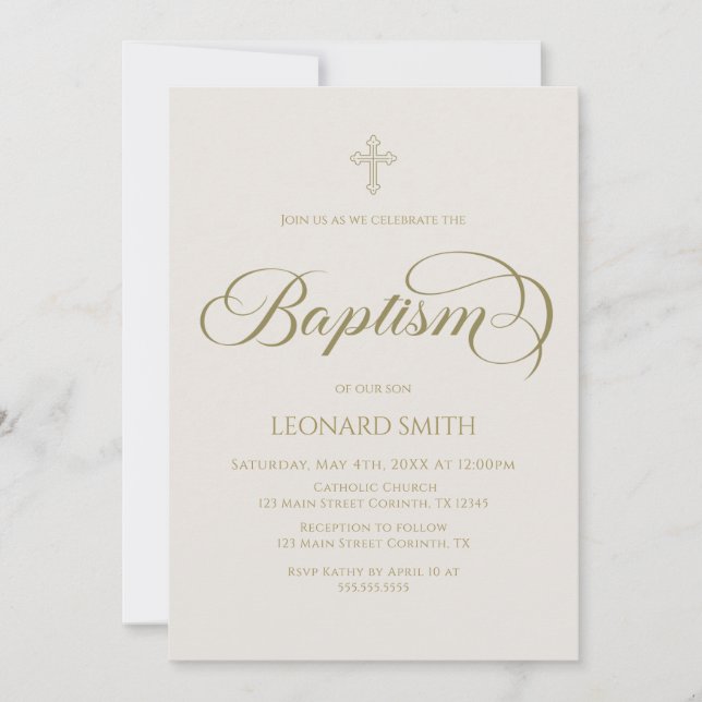 Invitación Baptism modern boho gold marfil invitation (Anverso)