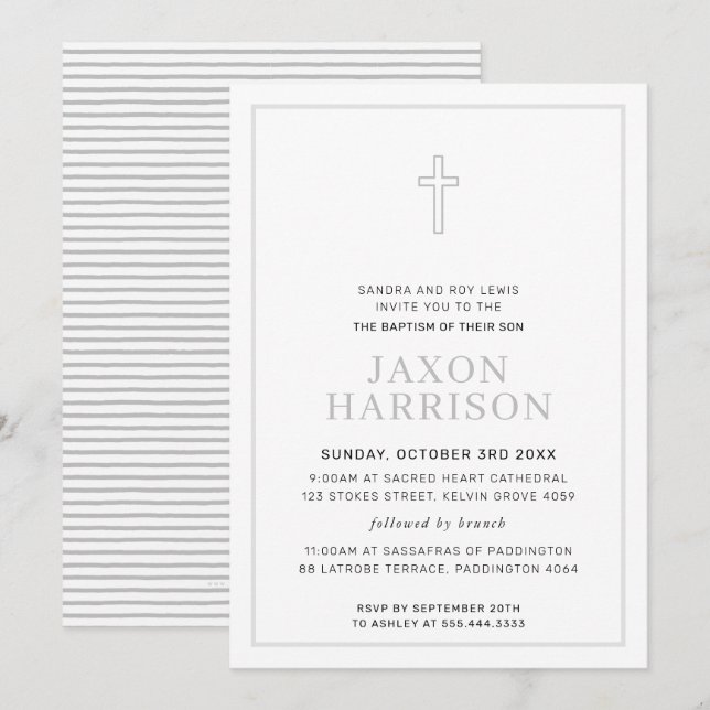 Invitación BAPTISM moderno cruz simple gris suave (Anverso / Reverso)