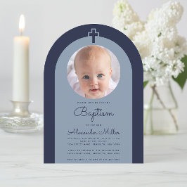 Invitación Baptism Navy Arch Boy Foto Dusty Blue Script