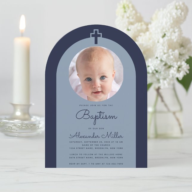 Invitación Baptism Navy Arch Boy Foto Dusty Blue Script (Subido por el creador)