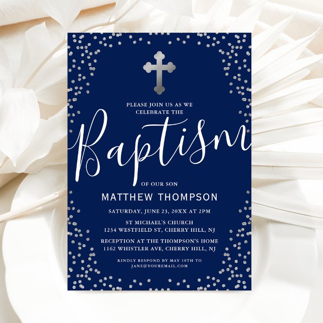 Invitación Baptism Navy Blue Silver Purpurina Christening (Subido por el creador)